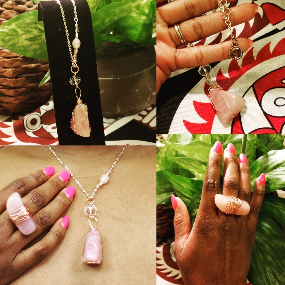 Rose quartz necklace and ring set